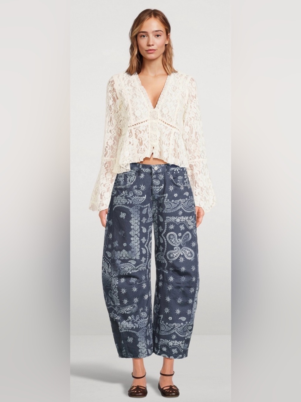 Free People We The Free Paisley Barrel Jeans Size 25 Mid Rise Denim